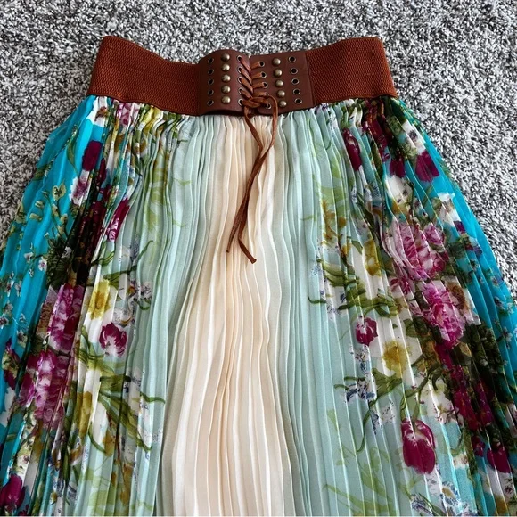 Boho Floral Print Pleated Festival Maxi Skirt Corset Belt Sz L - Picture 4 of 11